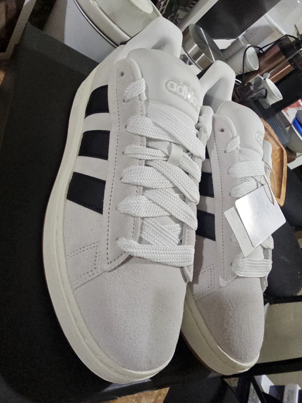 Adidas White Suede Sneakers with Black Stripes